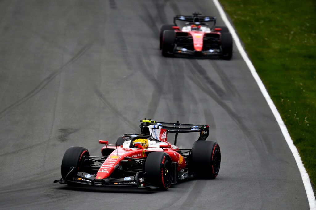 Ferrari driver Lewis Hamilton leads teammate Charles Leclerc on track during the 2026 F1 Canadian Grand Prix