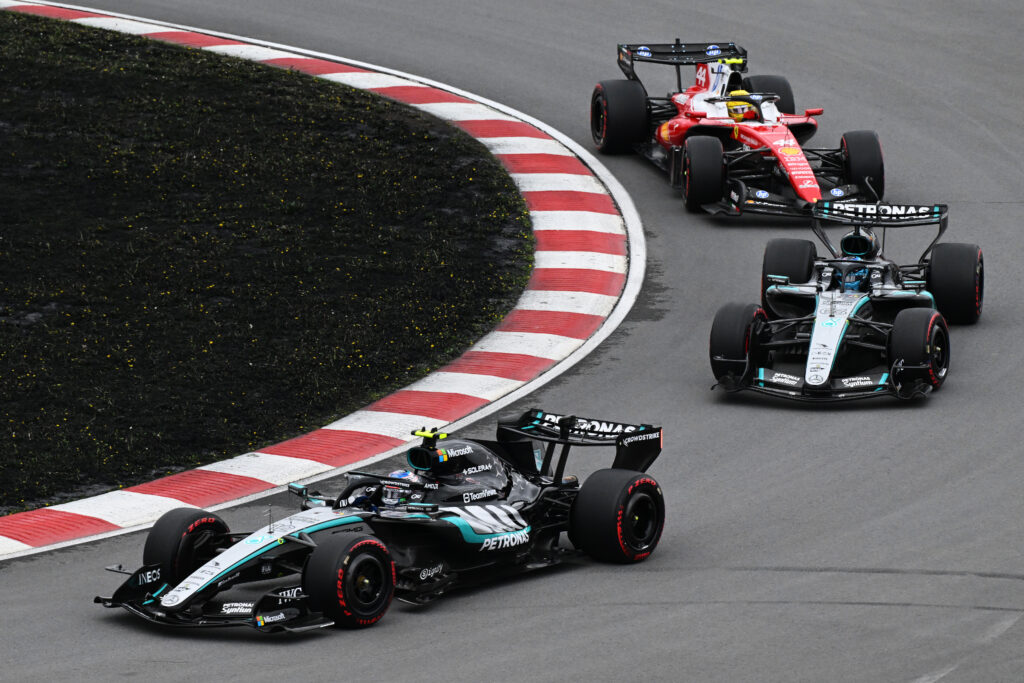 Mercedes drivers Andrea Kimi Antonelli and George Russell lead Ferrari's Lewis Hamilton during the 2026 F1 Canadian Grand Prix