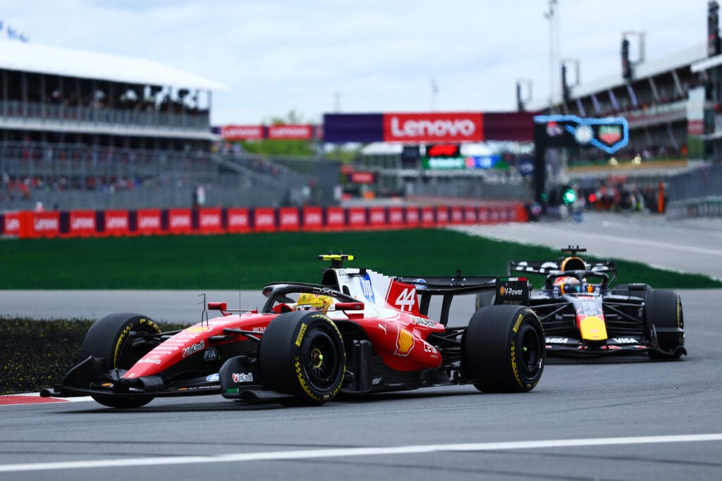 Ferrari driver Lewis Hamilton leads Red Bull's Max Verstappen on track during the 2026 F1 Canadian Grand Prix