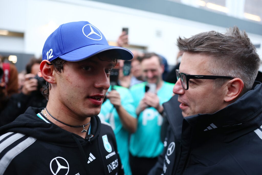 Mercedes driver Kimi Antonelli and race engineer Peter Bonnington after the Canadian Grand Prix.