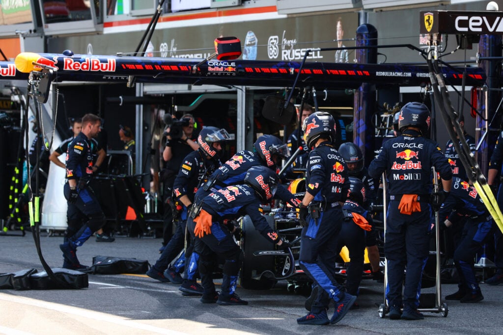 Max Verstappen parks outside the Red Bull garage to retire from the 2026 F1 Monaco Grand Prix