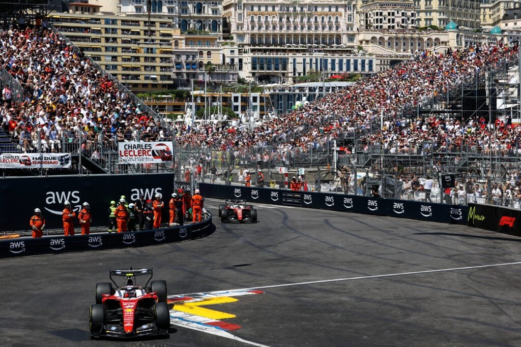 Ferrari driver Lewis Hamilton leads teammate Charles Leclerc on track during the 2026 F1 Monaco Grand Prix
