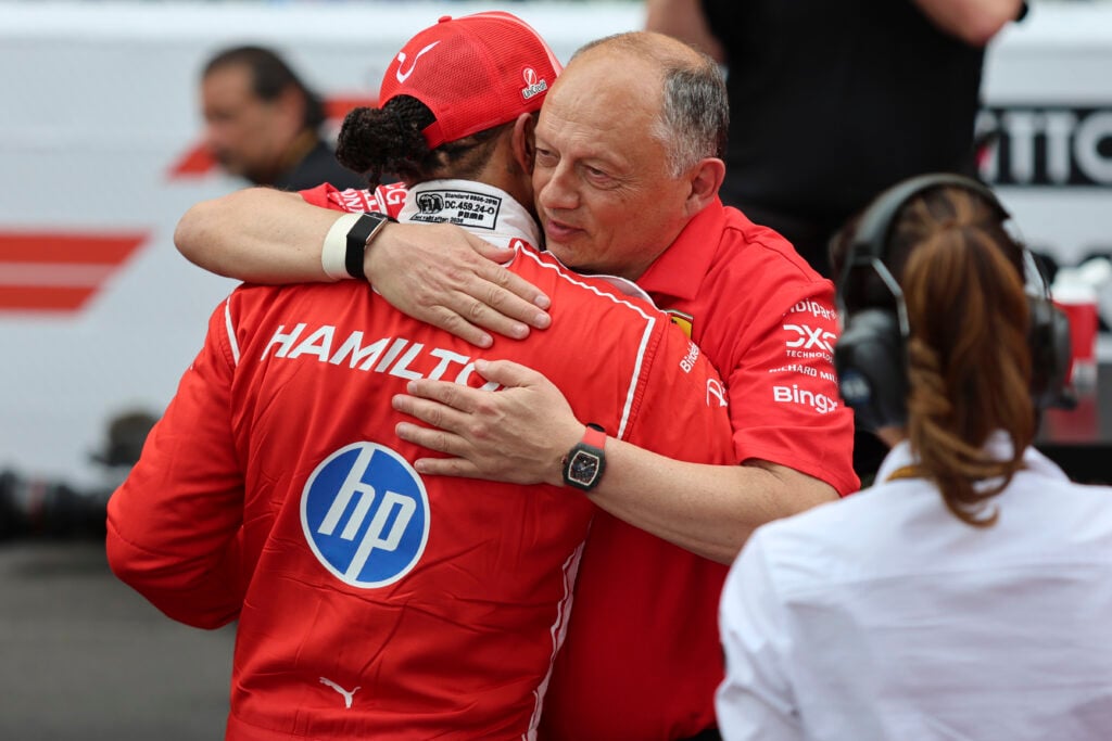 Ferrari team principal Fred Vasseur embraces Lewis Hamilton after winning the 2026 Barcelona-Catalunya Grand Prix.