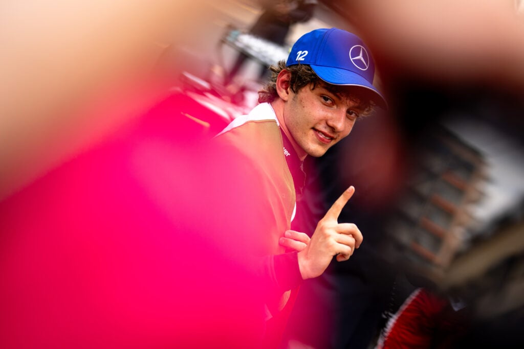 Mercedes driver Andrea Kimi Antonelli on the podium after winning the 2026 F1 Monaco Grand Prix