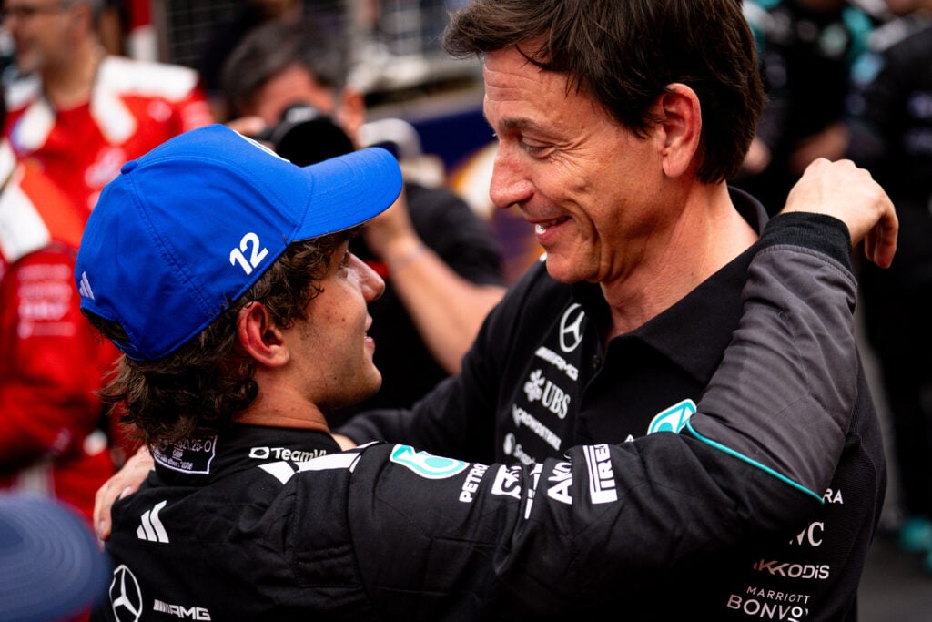 Mercedes team principal Toto Wolff embraces Andrea Kimi Antonelli after winning the 2026 F1 Monaco Grand Prix