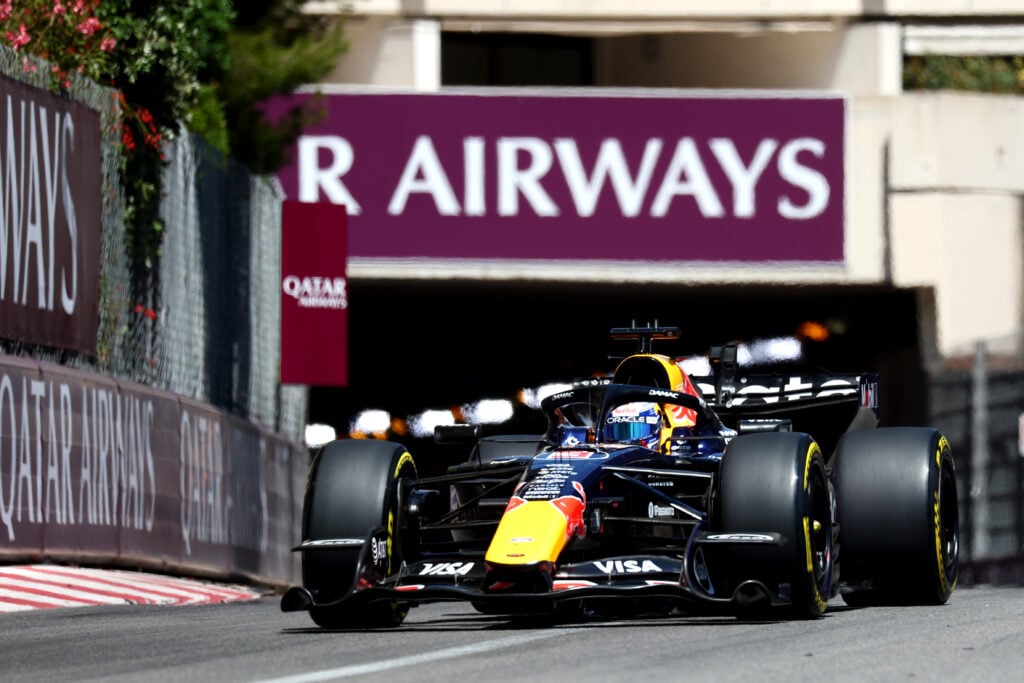 Max Verstappen driving his Red Bull F1 car during the 2026 Monaco Grand Prix.