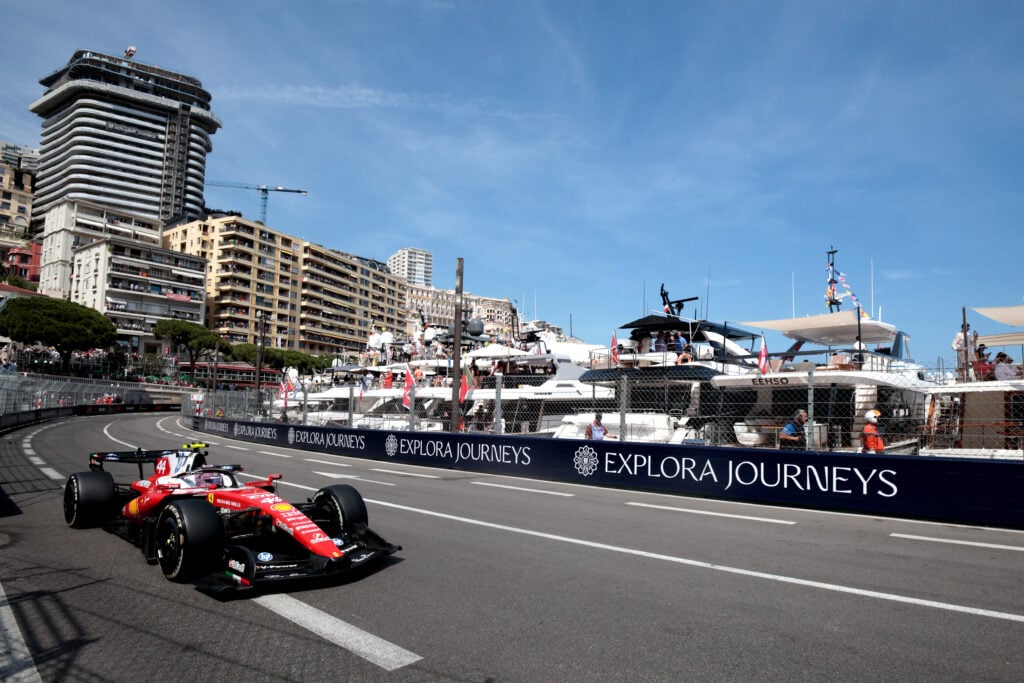 Ferrari driver Lewis Hamilton on track next to the harbour during the 2026 F1 Monaco Grand Prix