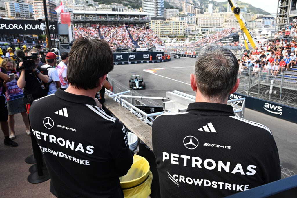 Mercedes team principal Toto Wolff watches George Russell on track during practice at the 2026 F1 Monaco Grand Prix