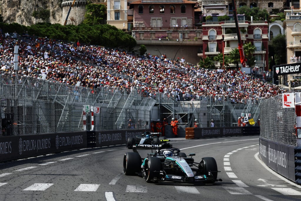 Mercedes drivers Andrea Kimi Antonelli and George Russell on track during the 2026 F1 Monaco Grand Prix