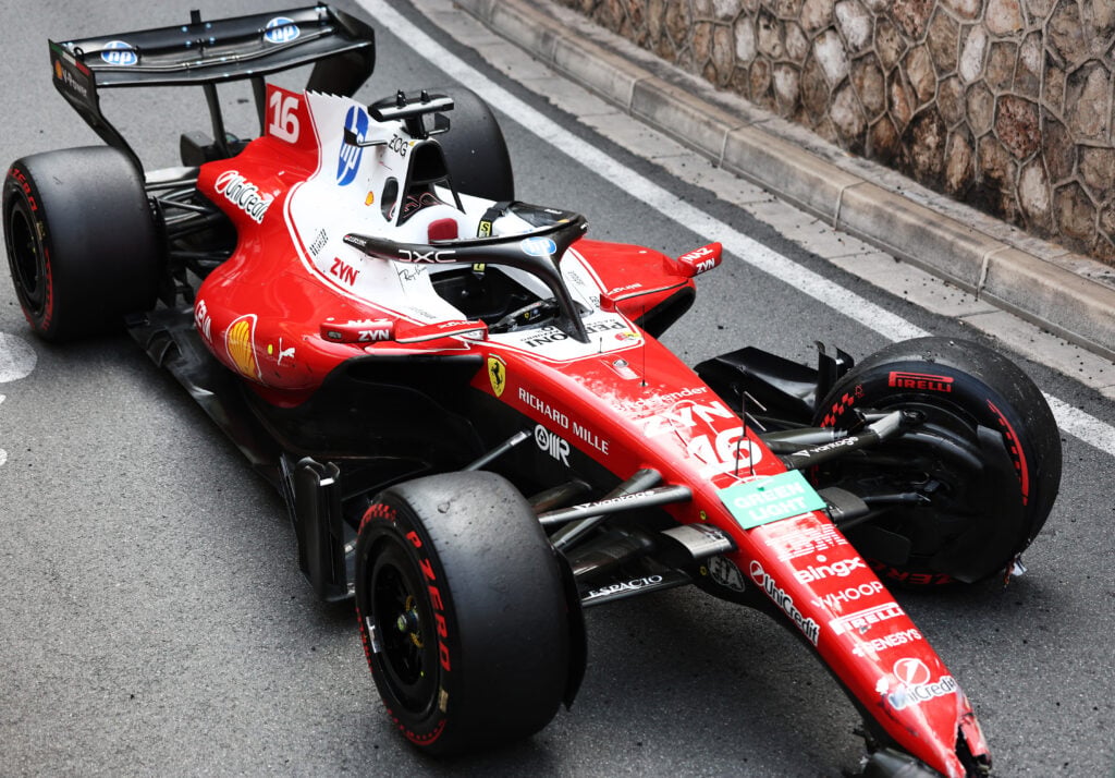 Charles Leclerc's Ferrari F1 car after his crash at the Monaco Grand Prix