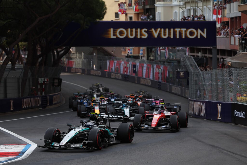 Mercedes driver Andrea Kimi Antonelli leads Lewis Hamilton of Ferrari at the second restart during the 2026 F1 Monaco Grand Prix