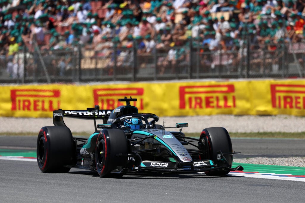 George Russell drives his Mercedes during practice for the 2026 Barcelona-Catalunya Grand Prix