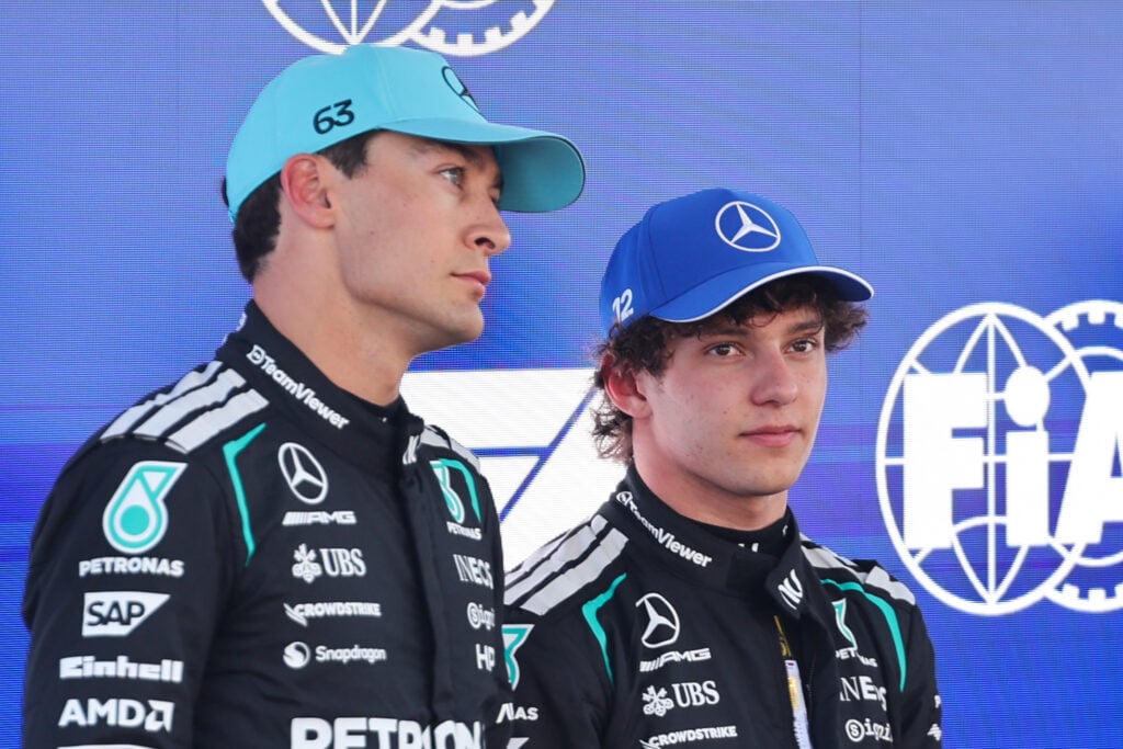 George Russell and Kimi Antonelli of Mercedes after qualifying for the Barcelona-Catalunya Grand Prix.