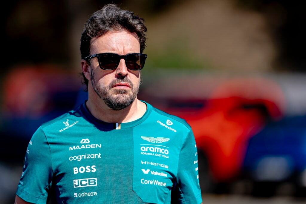 Fernado Alonso of Aston Martin arriving at the Barcelona-Catalunya Grand Prix.