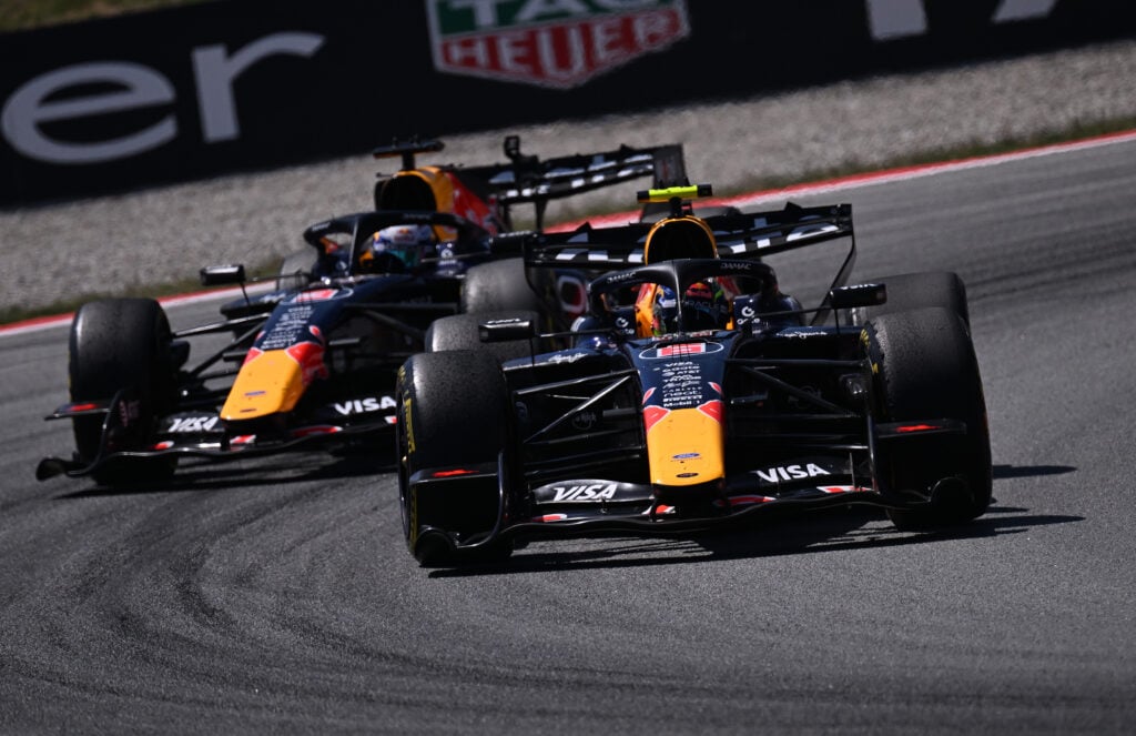Red Bull drivers Max Verstappen and Isack Hadjar on track during the 2026 F1 Barcelona-Catalunya Grand Prix paddock