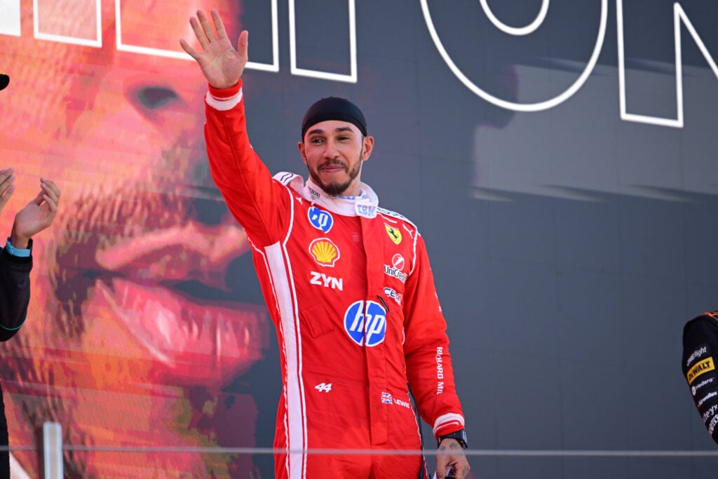 Lewis Hamilton of Ferrari celebrates winning the 2026 Barcelona-Catalunya Grand Prix.