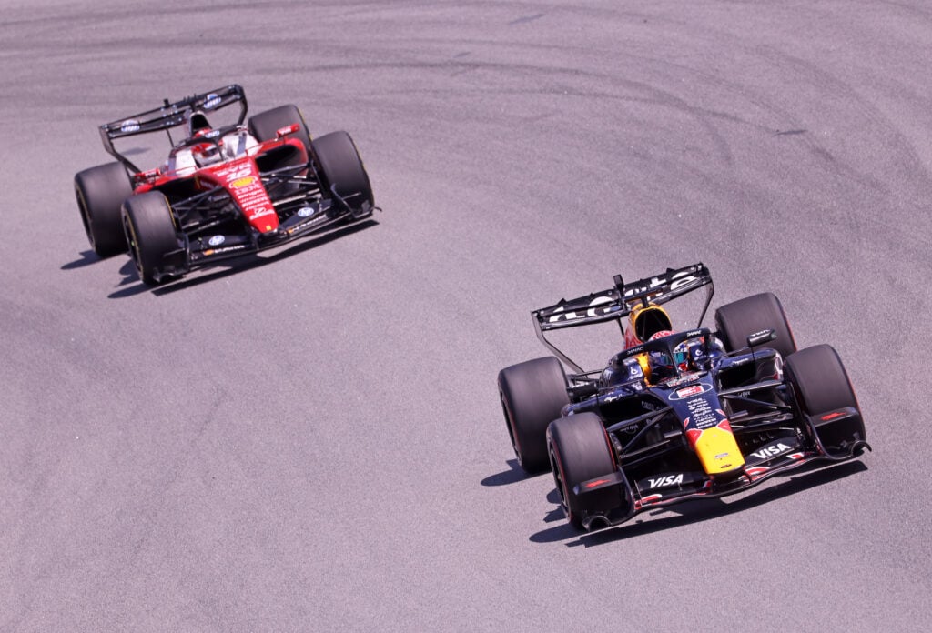 Ferrari driver Charles Leclerc on track with Red Bull's Max Verstappen during the 2026 F1 Barcelona-Catalunya Grand Prix