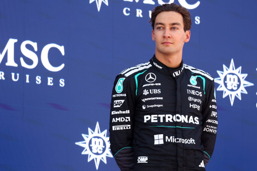 George Russell looks on after the Barcelona GP