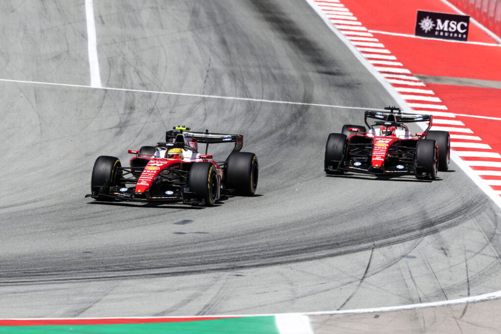 Ferrari driver Lewis Hamilton leads teammate Charles Leclerc on track during the 2026 F1 Barcelona-Catalunya Grand Prix