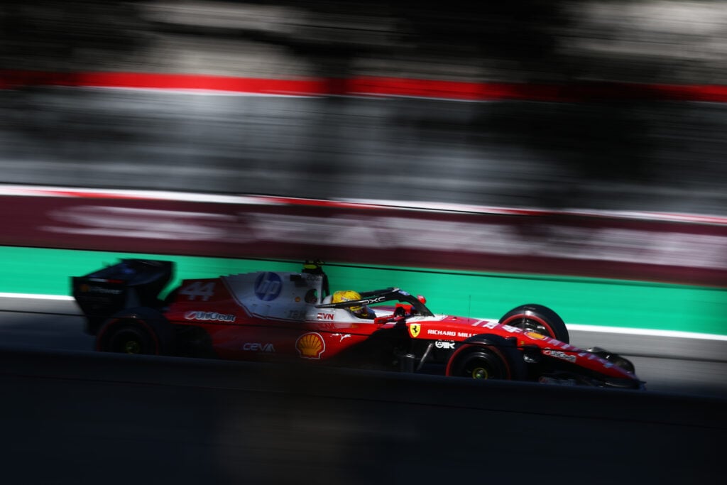 Ferrari driver Lewis Hamilton on track during practice at the 2026 F1 Barcelona-Catalunya Grand Prix