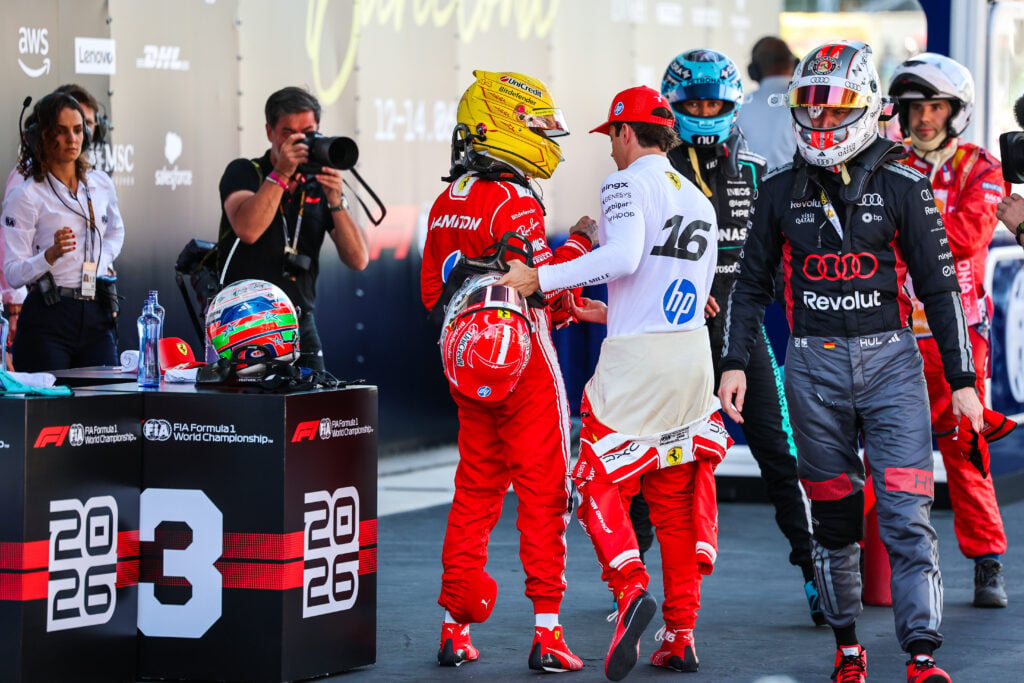 Ferrari drivers Charles Leclerc and Lewis Hamilton after qualifying at the Barcelona-Catalunya Grand Prix.