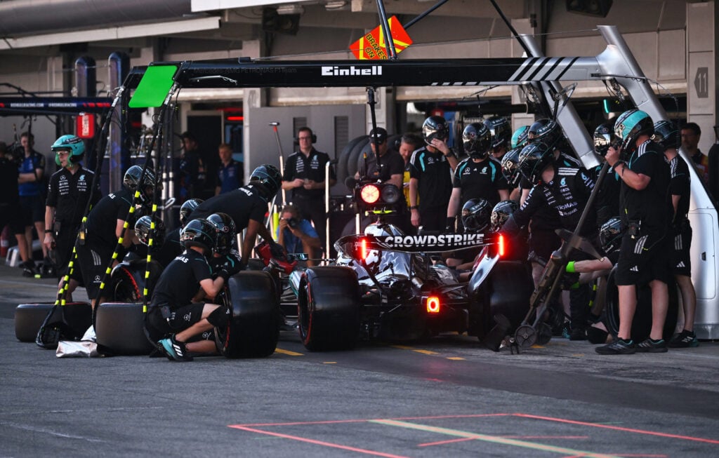 Mercedes driver Andrea Kimi Antonelli stops to change tyres during qualifying for the 2026 F1 Barcelona-Catalunya Grand Prix
