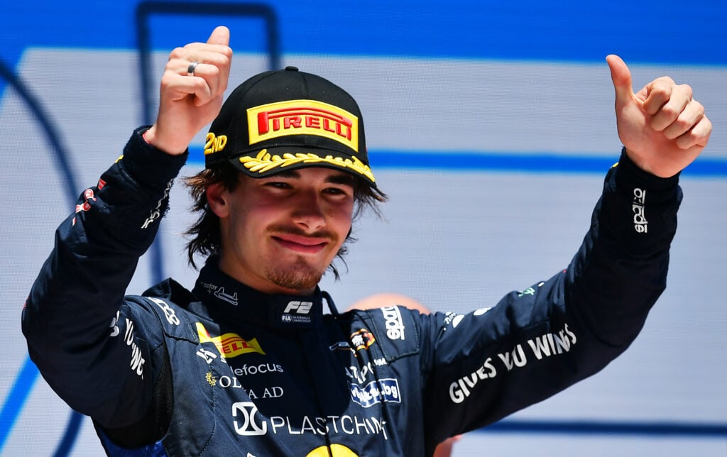 Red Bull junior Nikola Tsolov on the podium after the F2 Feature Race at the 2026 Barcelona-Catalunya Grand Prix