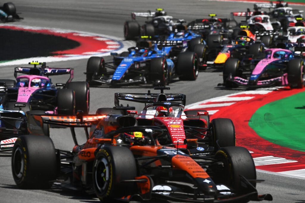 Red Bull driver Isack hadjar on track at the start of the 2026 F1 Barcelona-Catalunya Grand Prix