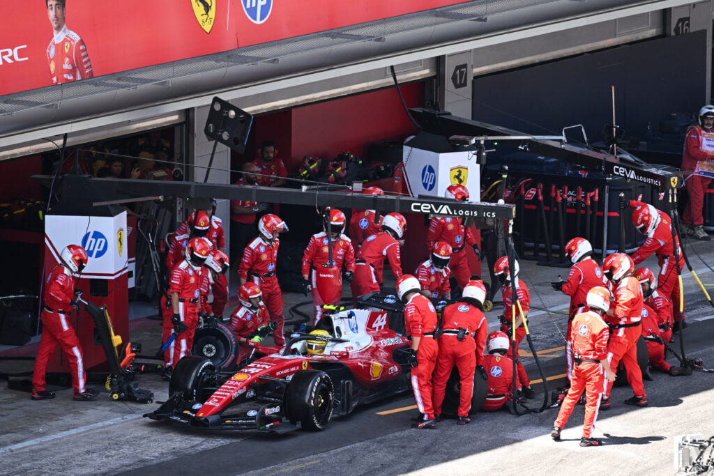 Lewis Hamilton of Ferrari enters the pit at the 2026 Barcelona-Catalunya Grand Prix.
