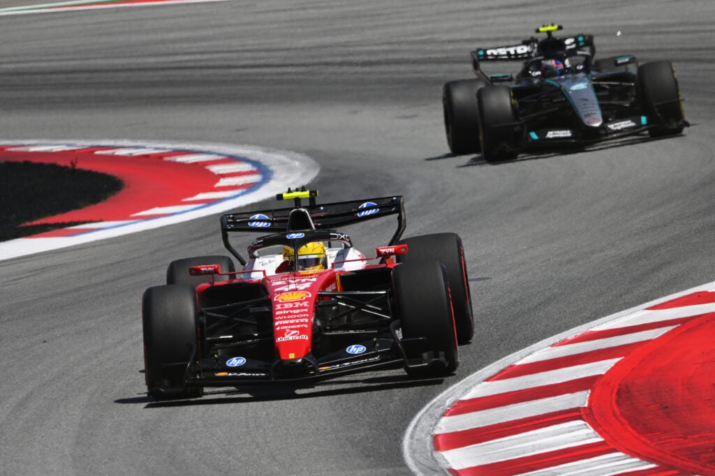 Ferrari driver Lewis Hamilton ahead of Mercedes' Kimi Antonelli at the 2026 Barcelona-Catalunya Grand Prix