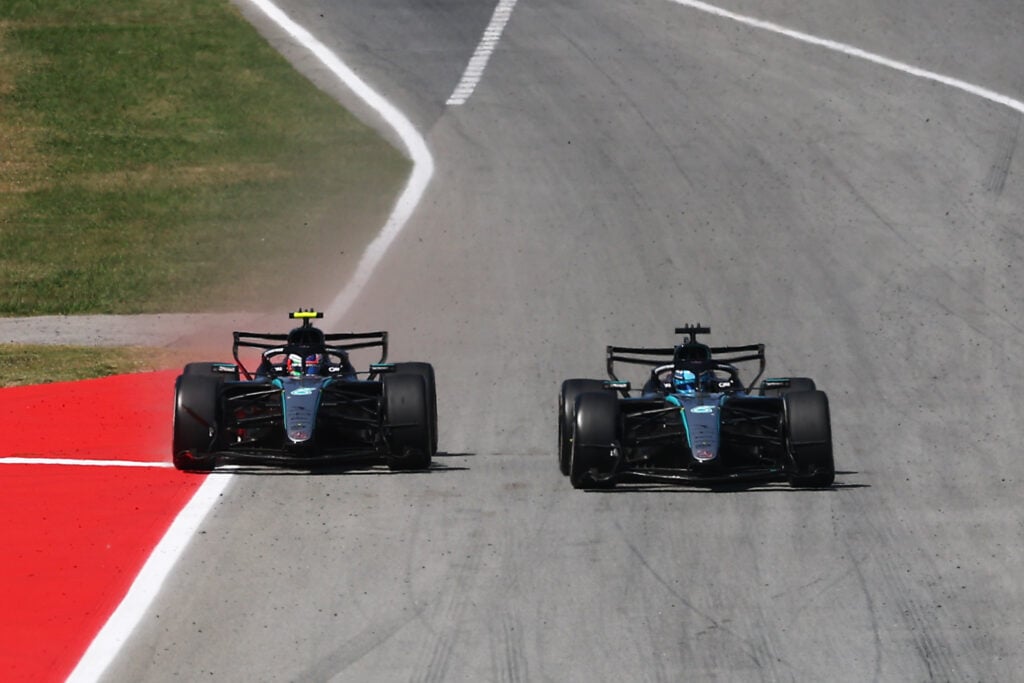 Mercedes drivers Kimi Antonelli and George Russell fight on track during the 2026 Barcelona-Catalunya Grand Prix