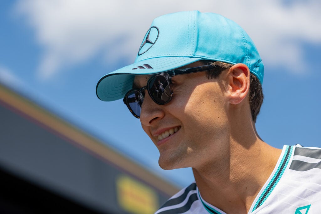 Mercedes driver George Russell arrives in the paddock for practice at the 2026 F1 Austrian Grand Prix