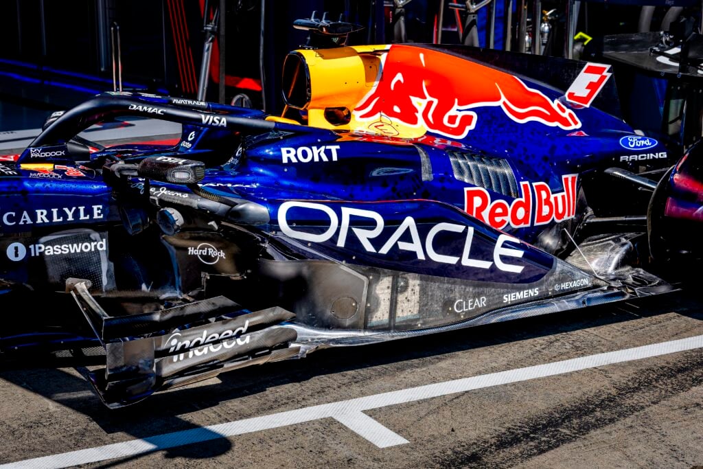 A sideview of the upgrades on Red Bull driver Max Verstappen's car at the 2026 F1 Austrian Grand Prix