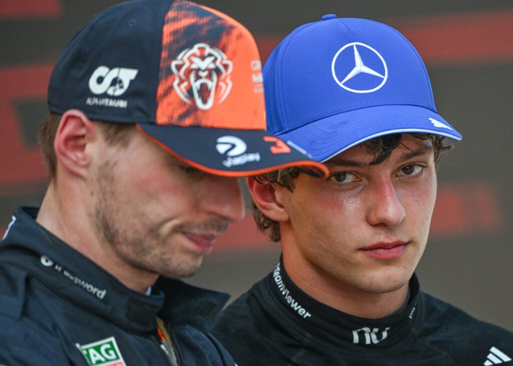 Red Bull driver Max Verstappen with Mercedes' Andrea Kimi Antonelli on the 2026 F1 Austrian Grand Prix 2026 podium