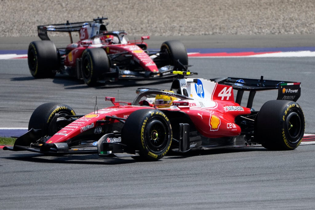Ferrari driver Lewis Hamilton leads Charles Leclerc on track during the 2026 F1 Austrian Grand Prix