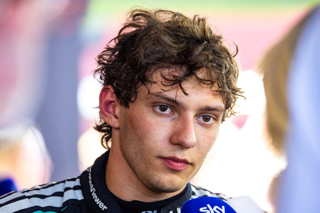 Kimi Antonelli of Mercedes speaks to reporters at the Austrian Grand Prix.