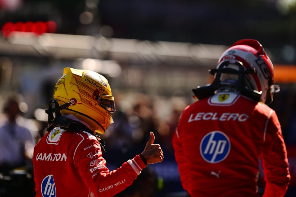 Ferrari drivers Lewis Hamilton and Charles Leclerc after qualifying at the 2026 Austrian Grand Prix