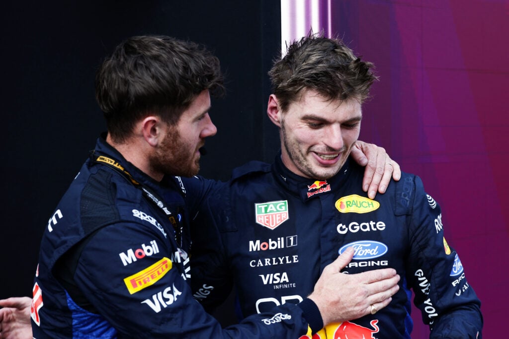 Max Verstappen of Red Bull celebrates his P2 finish at the Austrian Grand Prix.
