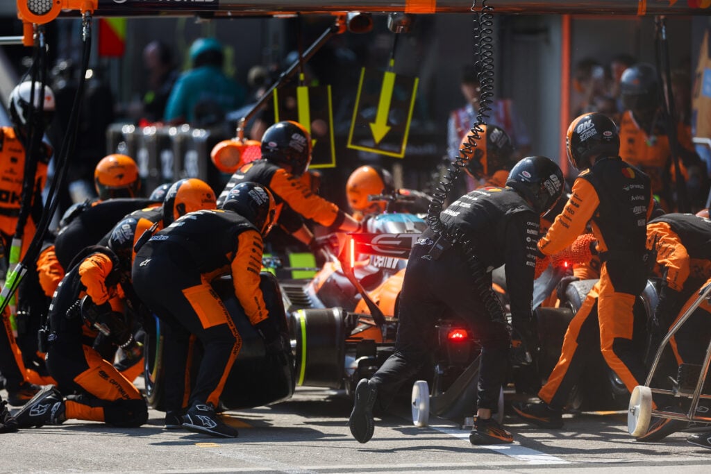Oscar Piastri of McLaren during a pit stop at the 2026 Austrian Grand Prix.