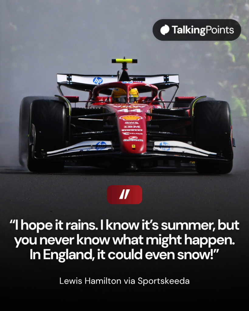 Ferrari driver Lewis Hamilton battles McLaren's Lando Norris in the rain during the 2025 F1 British Grand Prix