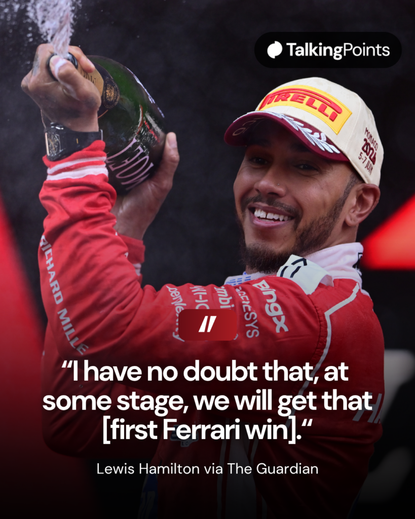 Ferrari driver Lewis Hamilton celebrates his P2 on the 2026 F1 Monaco Grand Prix podium