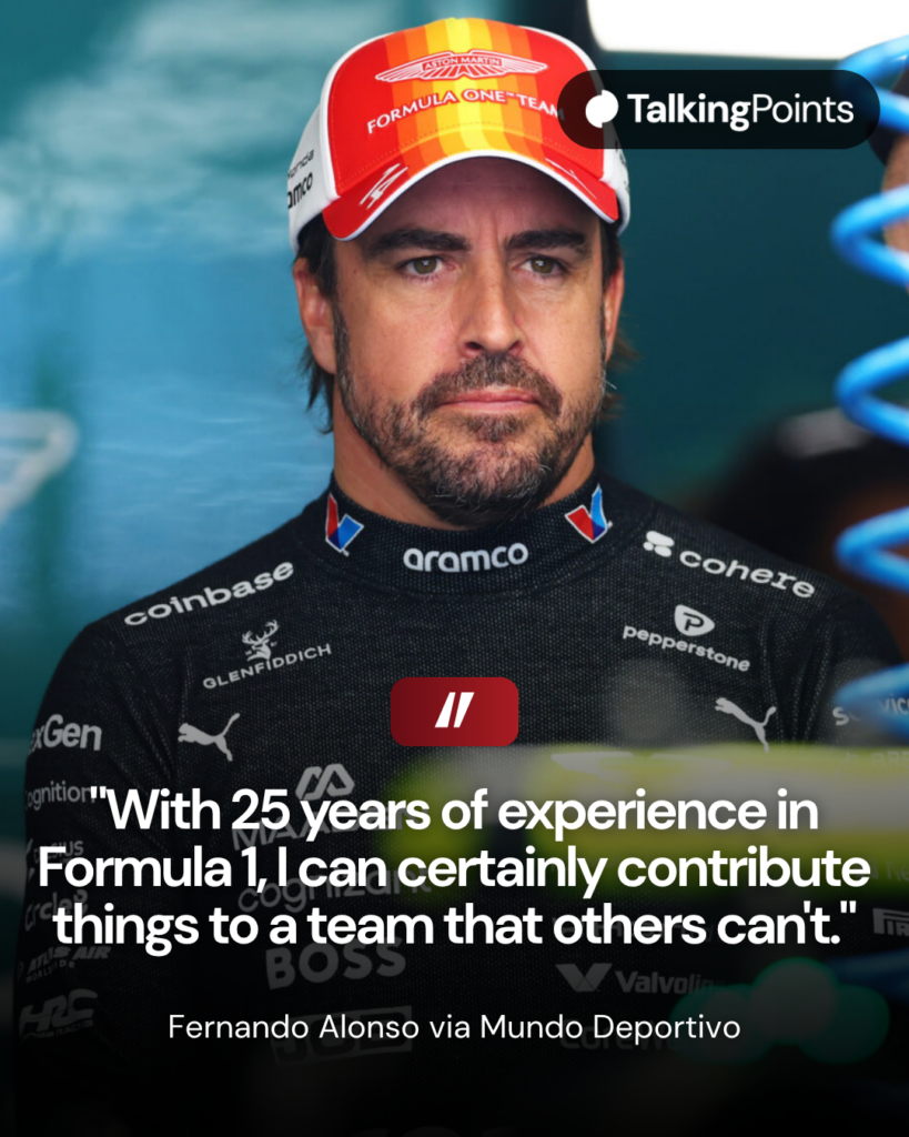 Fernando Alonso during the 2026 Formula 1 Spanish Grand Prix weekend featuring a quote from Mundo Deportivo that reads, "With 25 years of experience in Formula 1, I can certainly contribute things to a team that others can't."