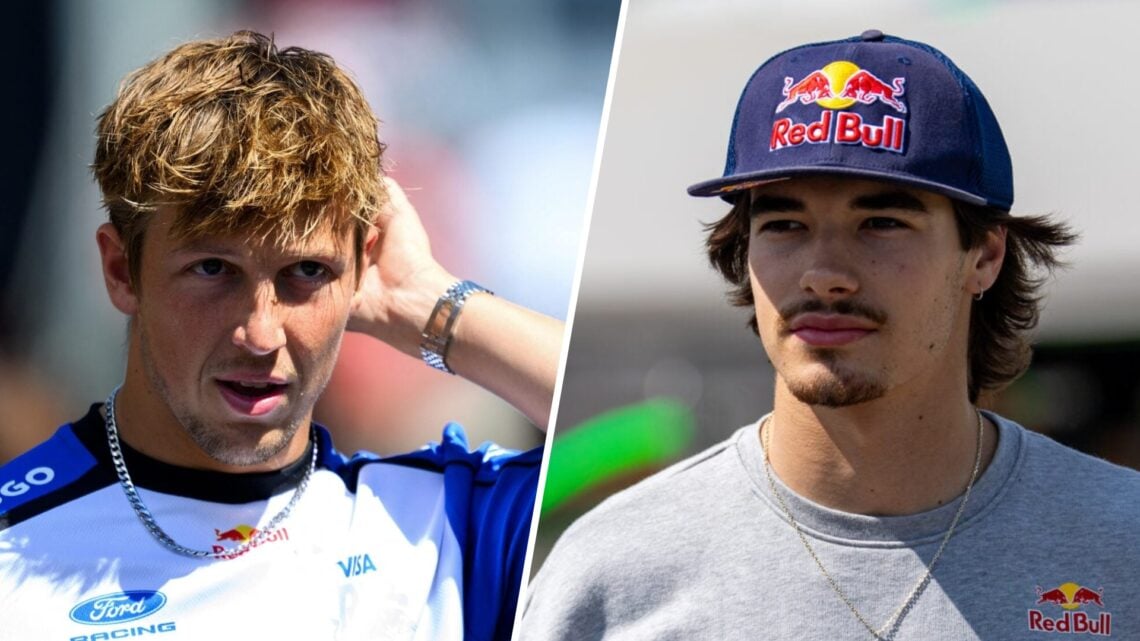 Racing Bulls F1 driver Liam Lawson and Red Bull junior Nikola Tsolov in the 2026 Austrian Grand Prix paddock