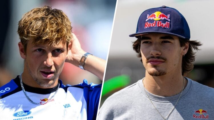 Racing Bulls F1 driver Liam Lawson and Red Bull junior Nikola Tsolov in the 2026 Austrian Grand Prix paddock