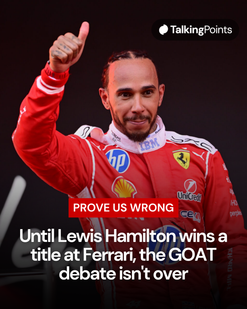 Lewis Hamilton on the podium at the 2026 Monaco Grand Prix with a caption that reads "PROVE US WRONG: Until Lewis Hamilton wins a title at Ferrari, the GOAT debate isn't over