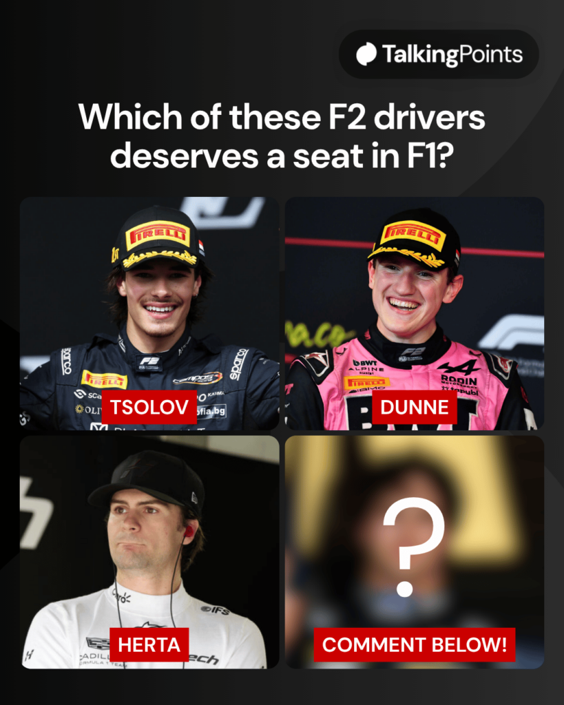 A graphic of Formula 2 drivers Nikola Tsolov, Alex Dunne, Colton Herta and Rafael Camara