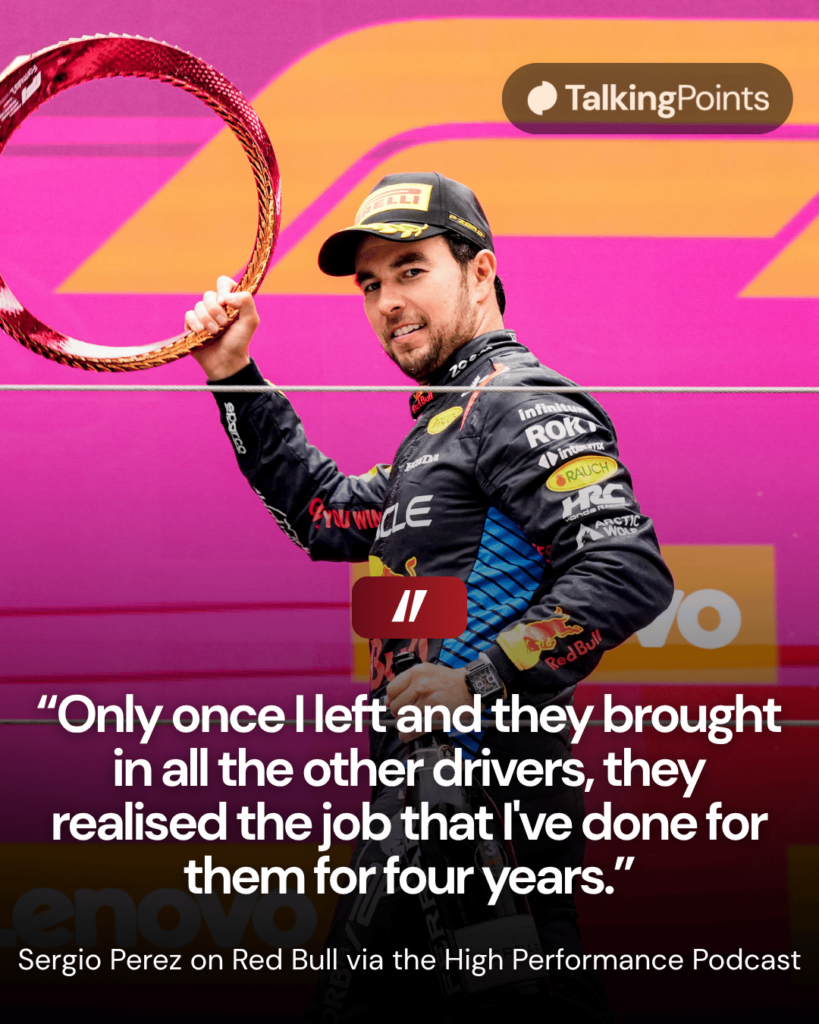 Sergio Perez of Red Bull on the podium at the 2024 Chinese Grand Prix