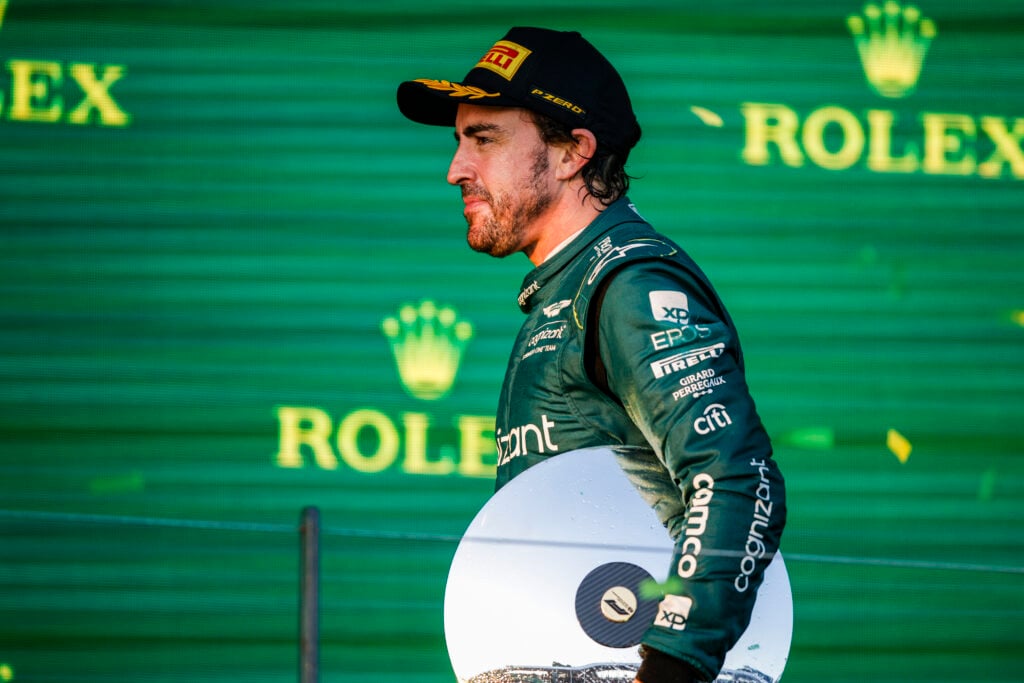 Fernando Alonso of Aston Martin on the 2023 Australian Grand Prix podium