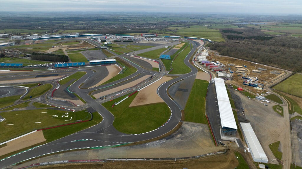 An aerial view of the Maggots, Becketts, Chapel corner complex at the Silverstone circuit.