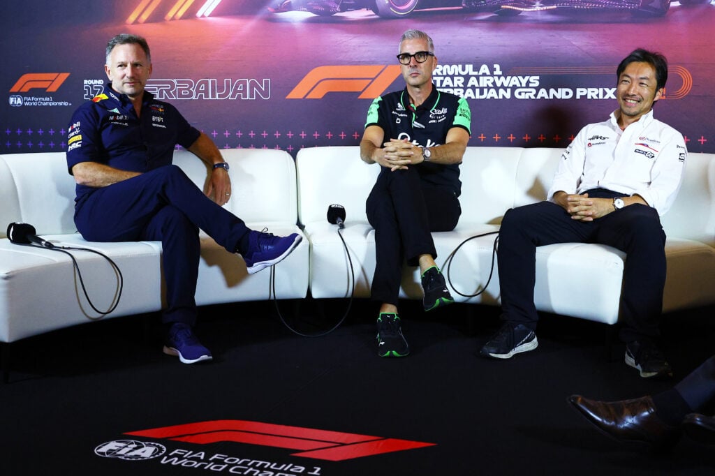 Red Bull CEO Christian Horner alongside Kick Sauber team principal Alessandro Alunni Bravi, and Haas team principal Ayao Komatsu, and the 2024 Azerbaijan Grand Prix.